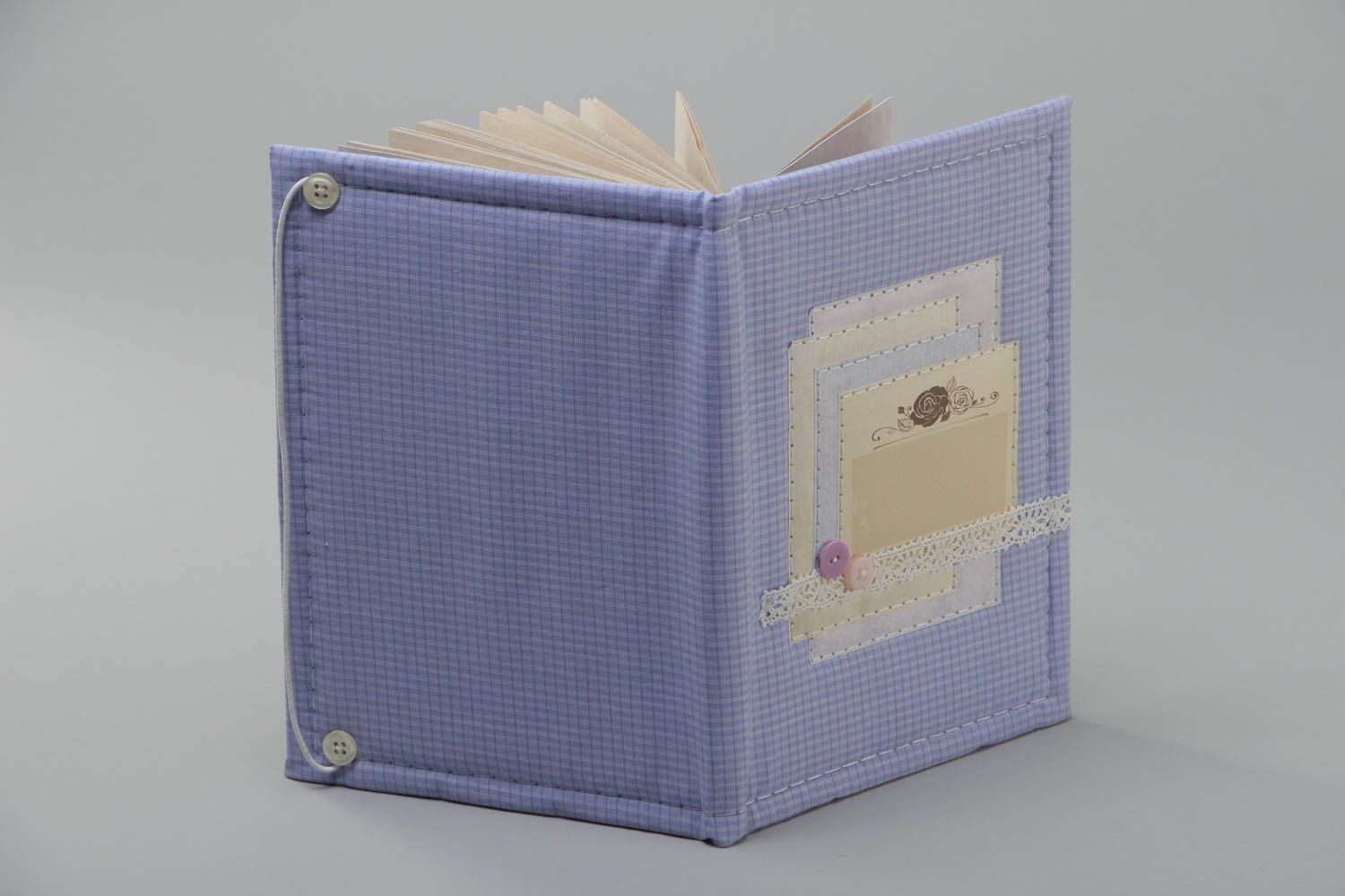 Handmade decorative notebook with violet cotton fabric cover decorated with lace photo 4