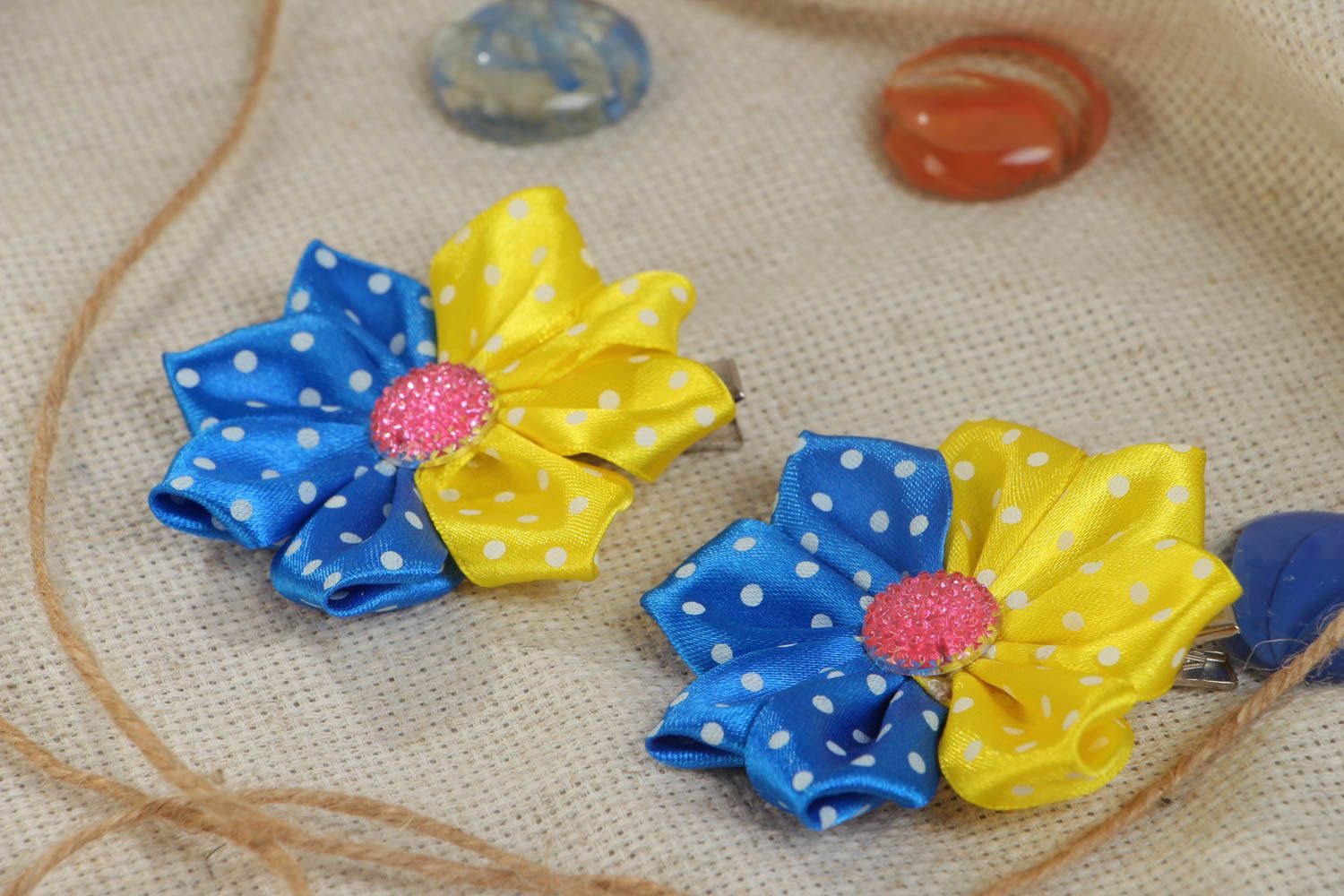 Handmade set of satin ribbon hairpins bright flowers 2 pieces hair accessories photo 1
