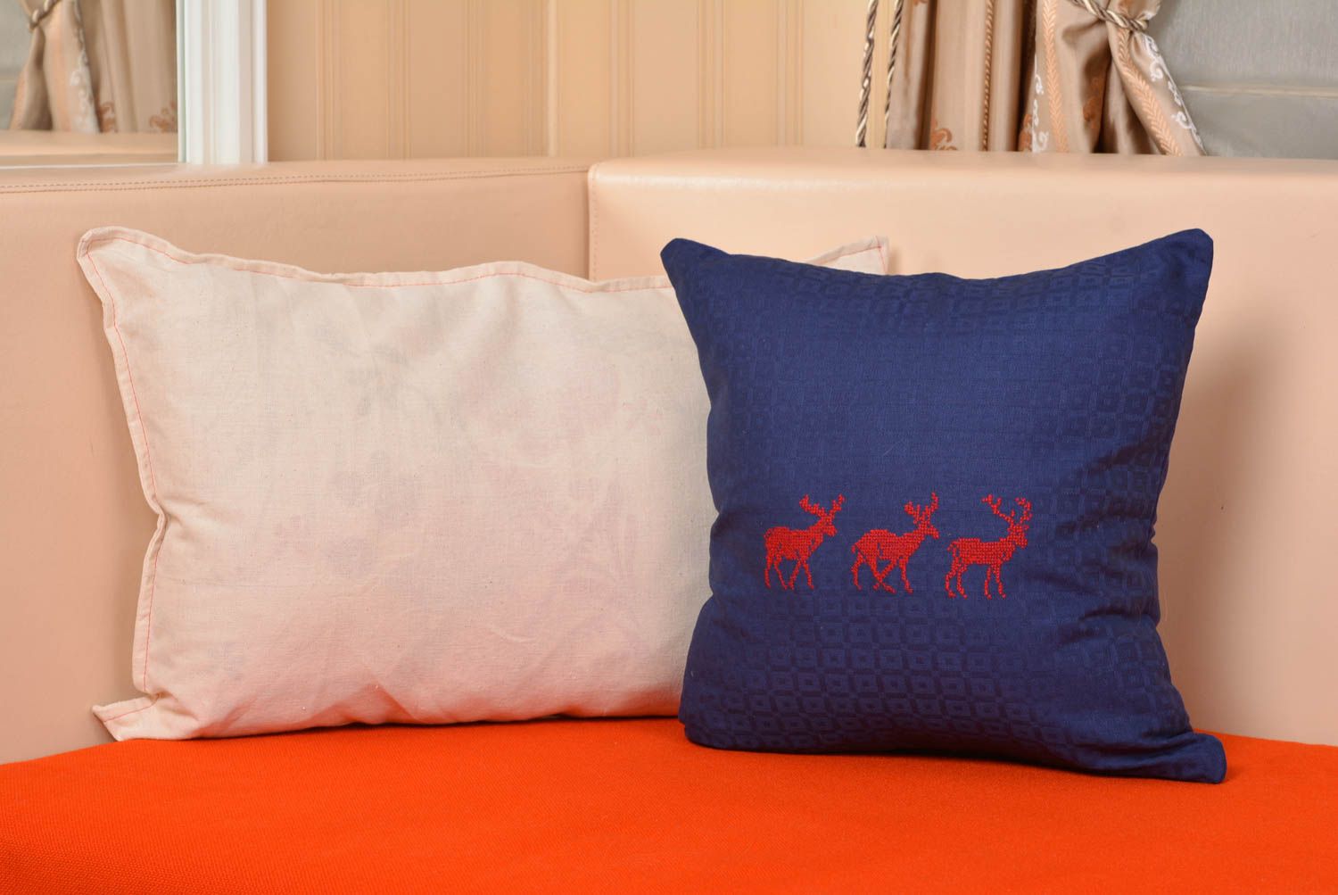 Handmade blue pillow case made of satin with embroidered deer photo 5