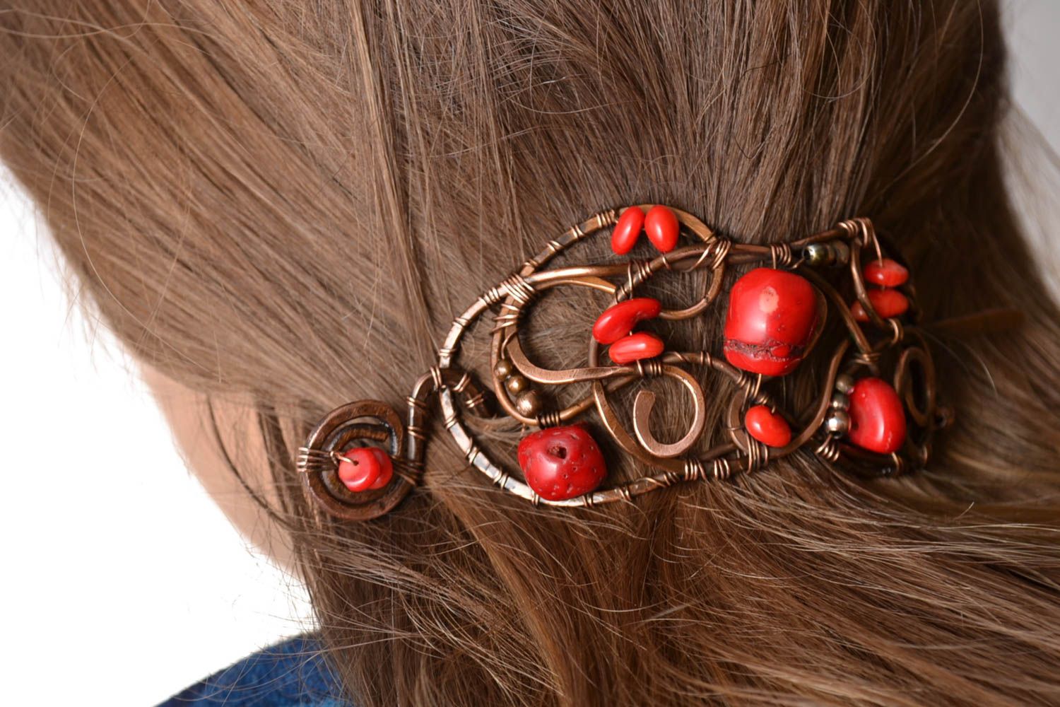 Pince cheveux Bijou fait main cuivre wire wrapping corail Accessoire coiffure photo 1