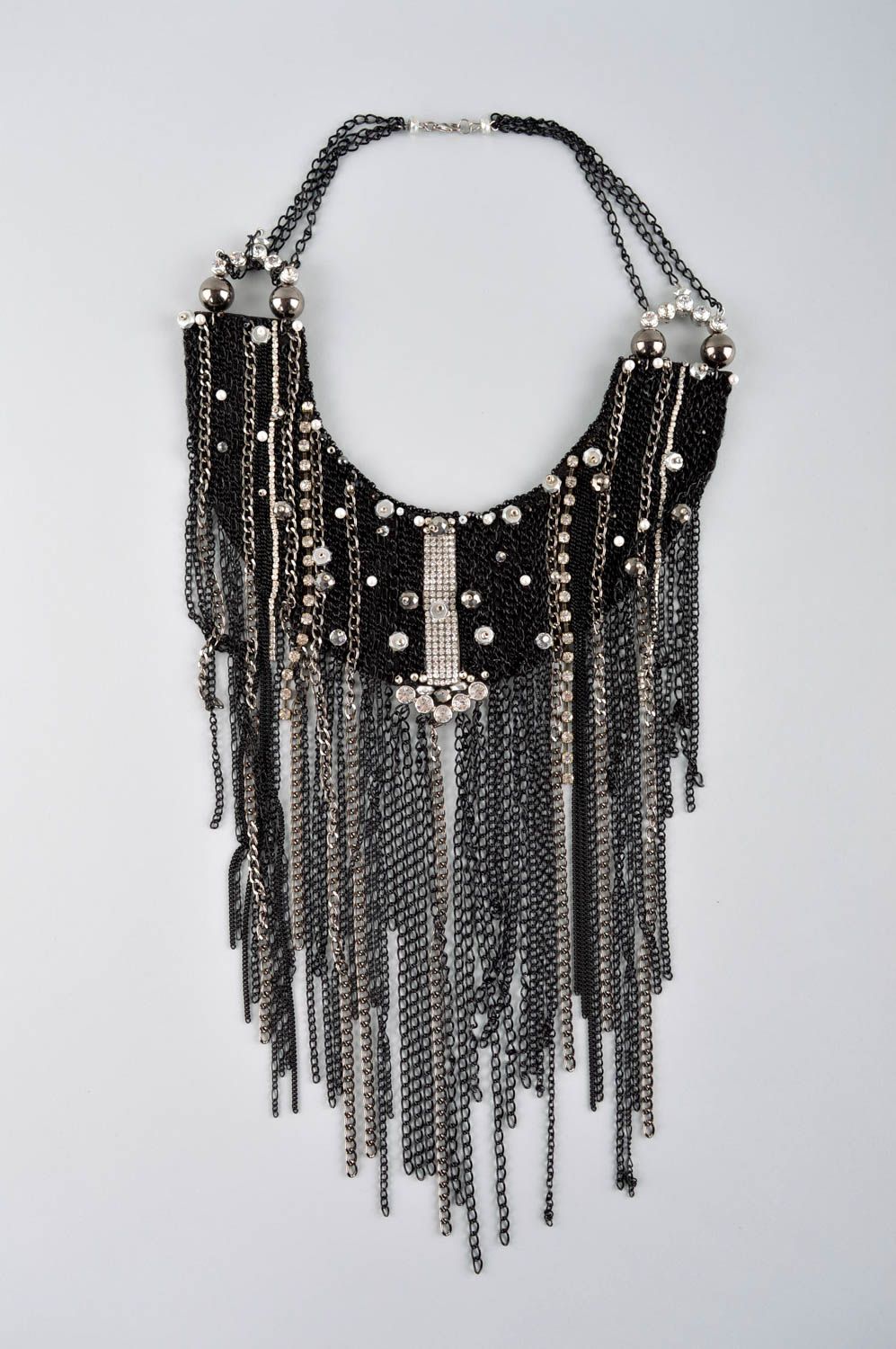 Massive metal necklace handmade leather jewelry elegant black necklace photo 2
