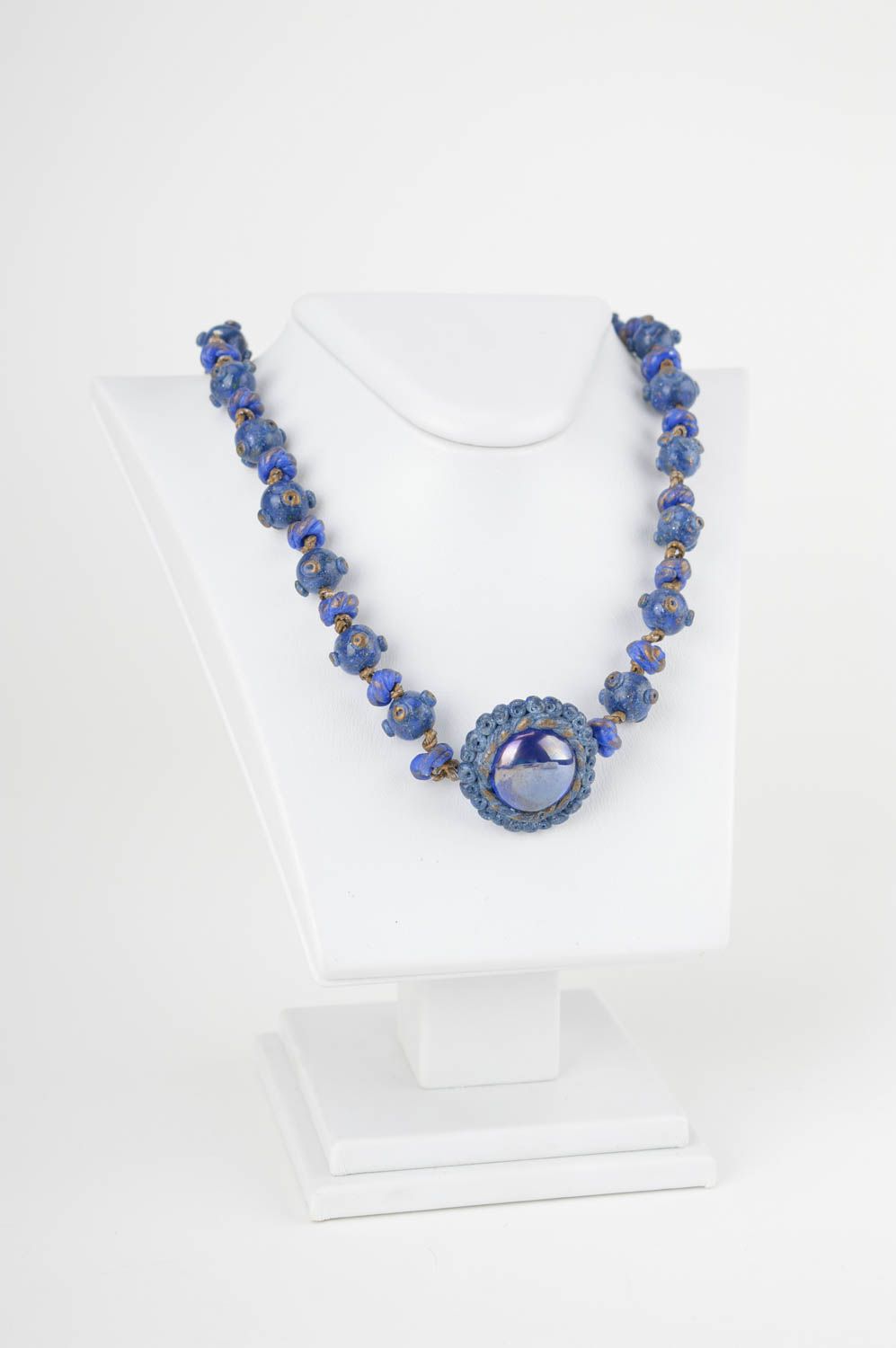 Blue beads jewelry necklace  for women with big blue pendant photo 1