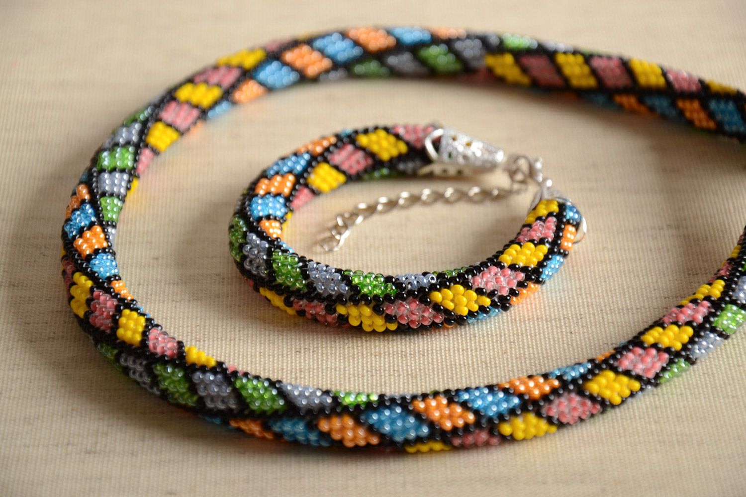 Handmade bright designer beaded jewelry set cord necklace and bracelet gift for girl photo 1