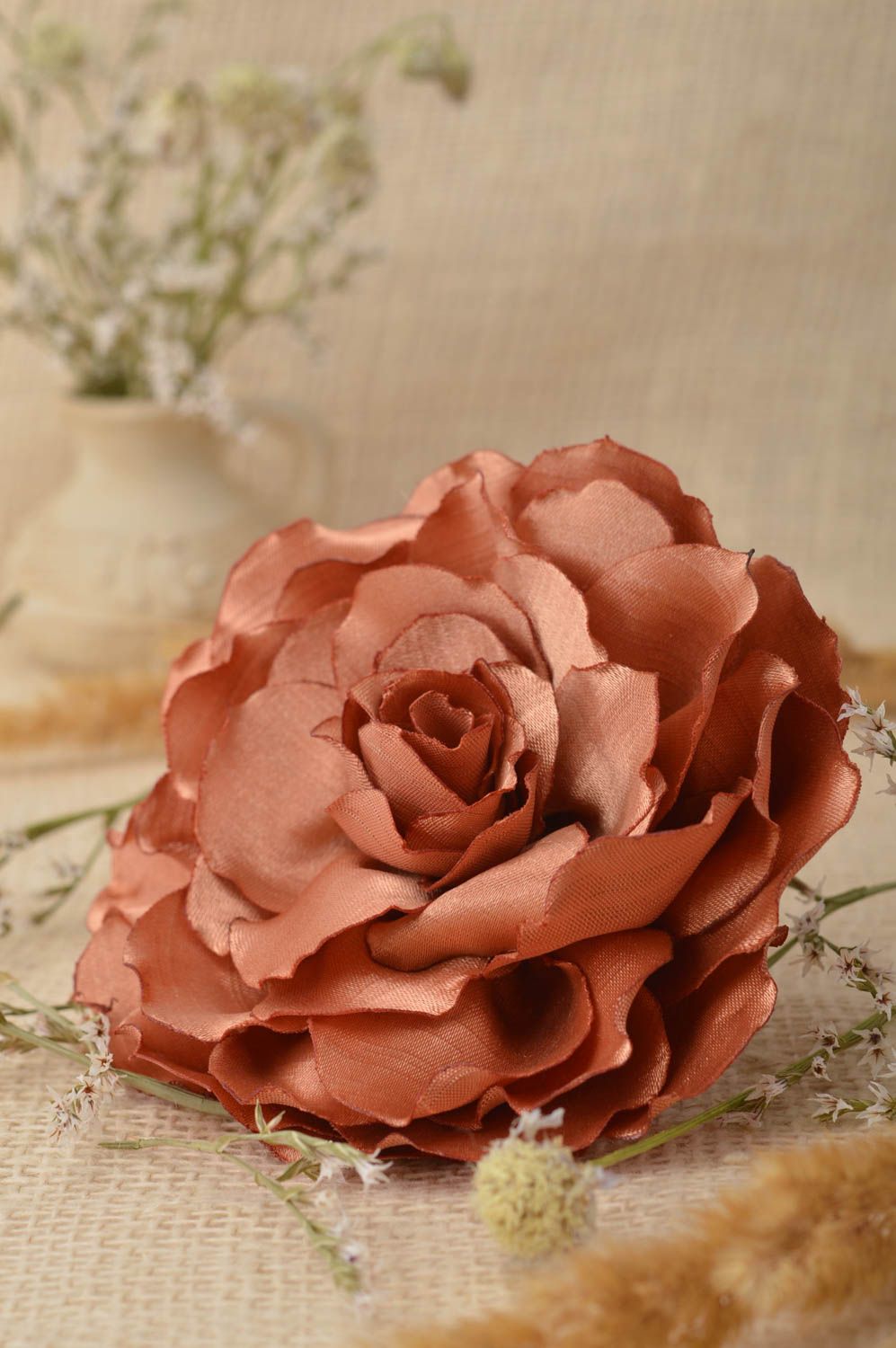 Handmade Schmuck Brosche Haarspange Blume Haar Accessoires kupferrote Rose foto 1