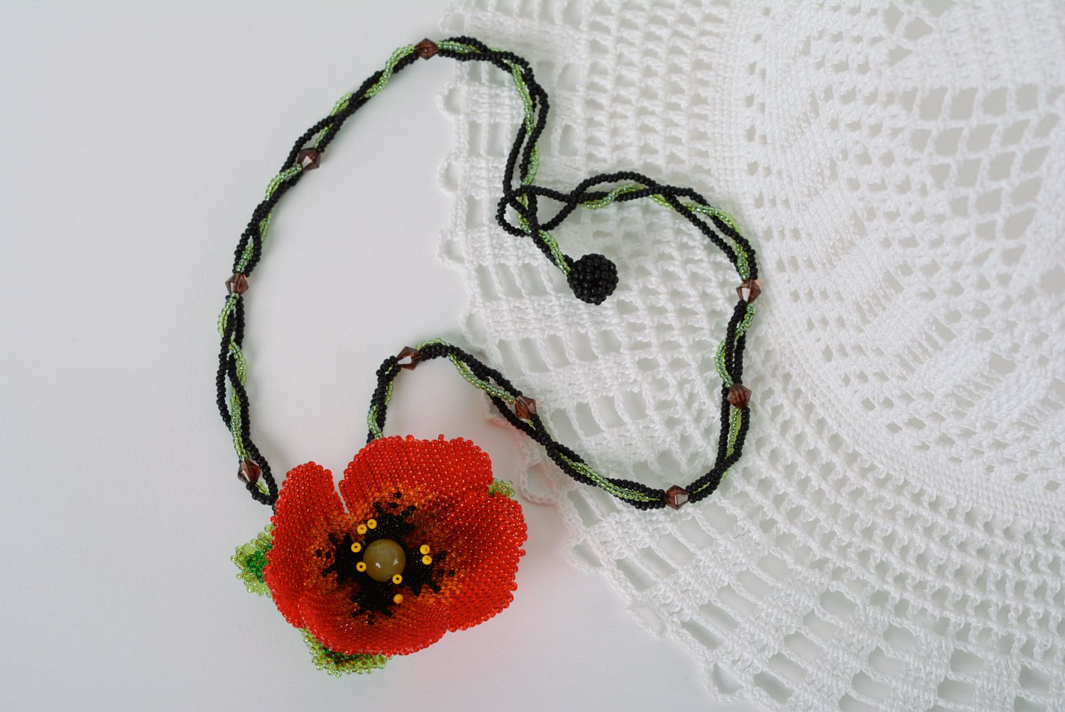 Handmade magnificent long necklace woven of beads in the shape of poppy flower photo 1