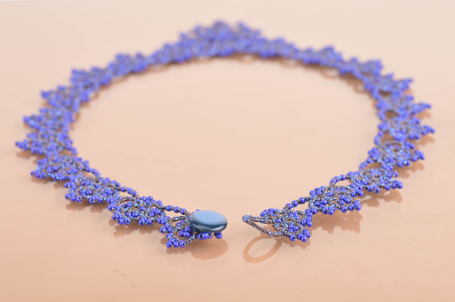 Beautiful blue handmade tatting necklace woven of satin threads with Czech beads photo 5