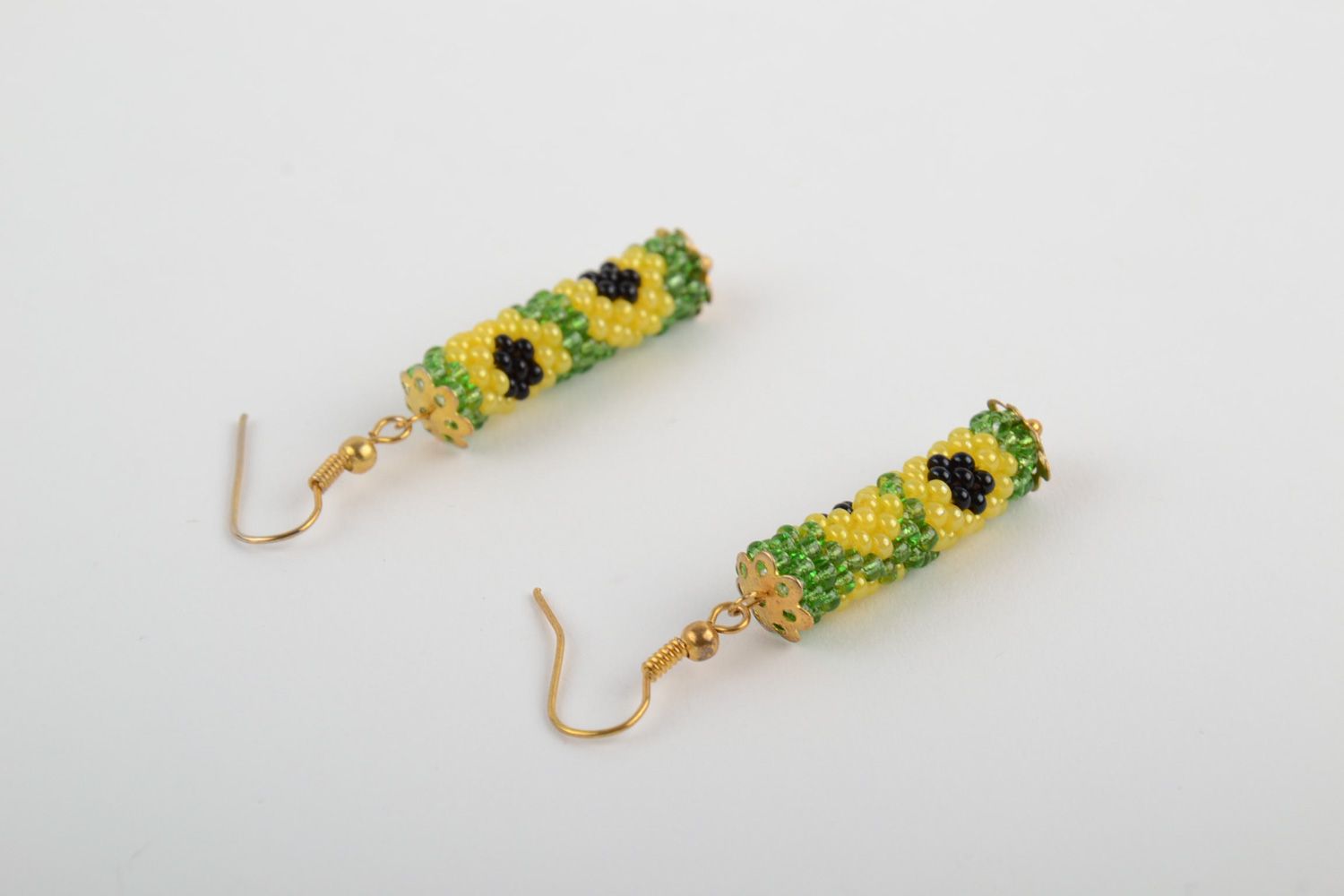 Handmade dangle earrings crocheted of Czech beads in spring color palette photo 4