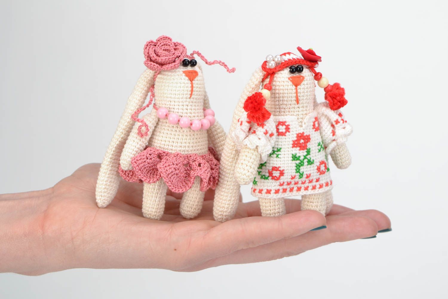 Set of handmade crochet soft toys created of cotton threads 2 pieces Hares girls photo 2