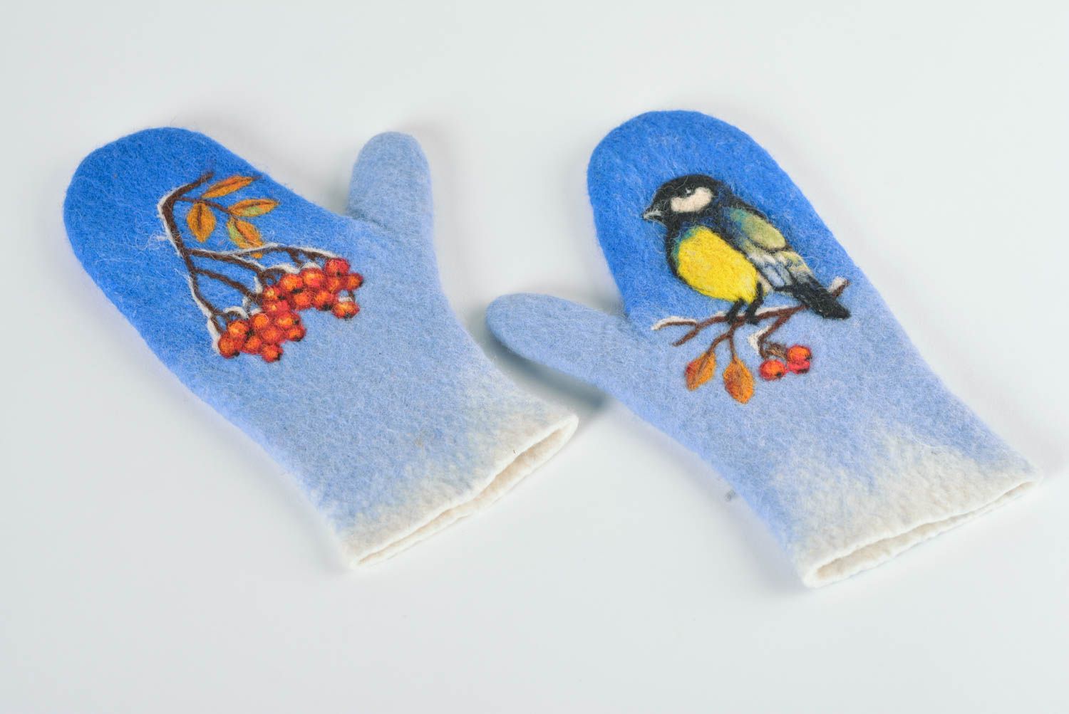 Blaue Handschuhe Fäustlinge handmade Winter Accessoires Damen Fäustlinge Vögel foto 2