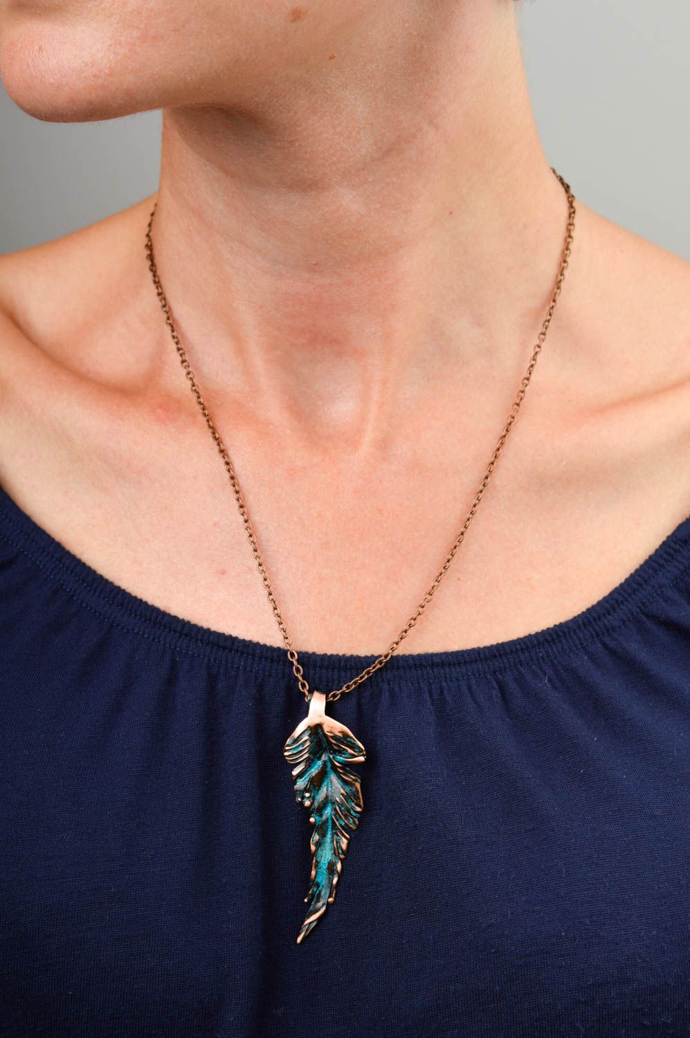 Handmade copper pendant unusual cute accessory pendant in shape of leaf photo 1