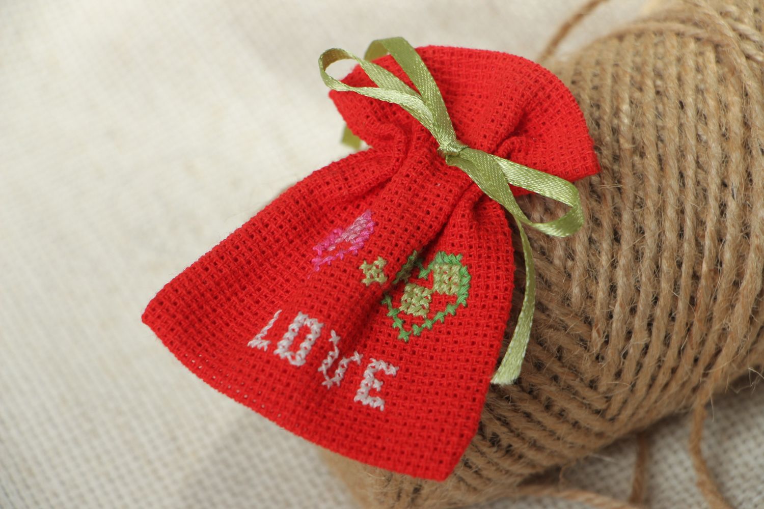 Handmade gift bag sewn of cross stitch canvas Love photo 5