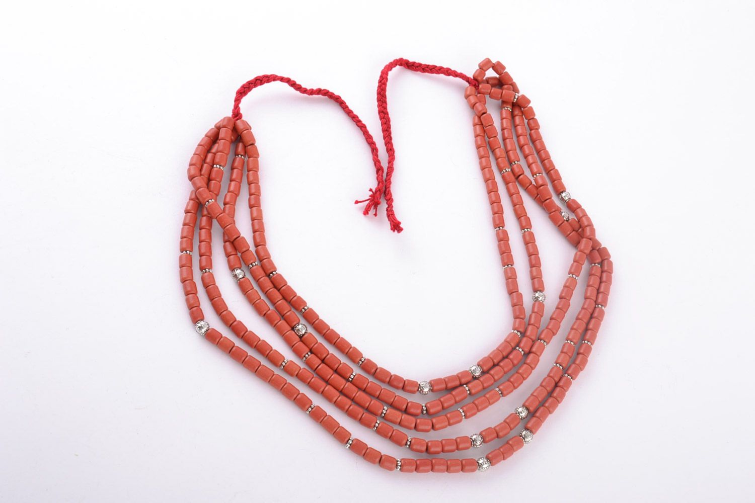 Handmade stylish multi row ceramic bead necklace of red color in ethnic style photo 5