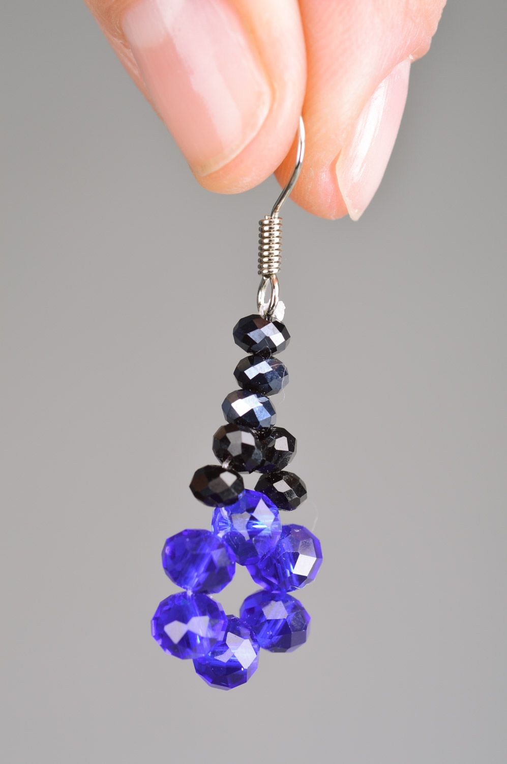 Beautiful evening handmade long beaded earrings of black and blue colors for women photo 3