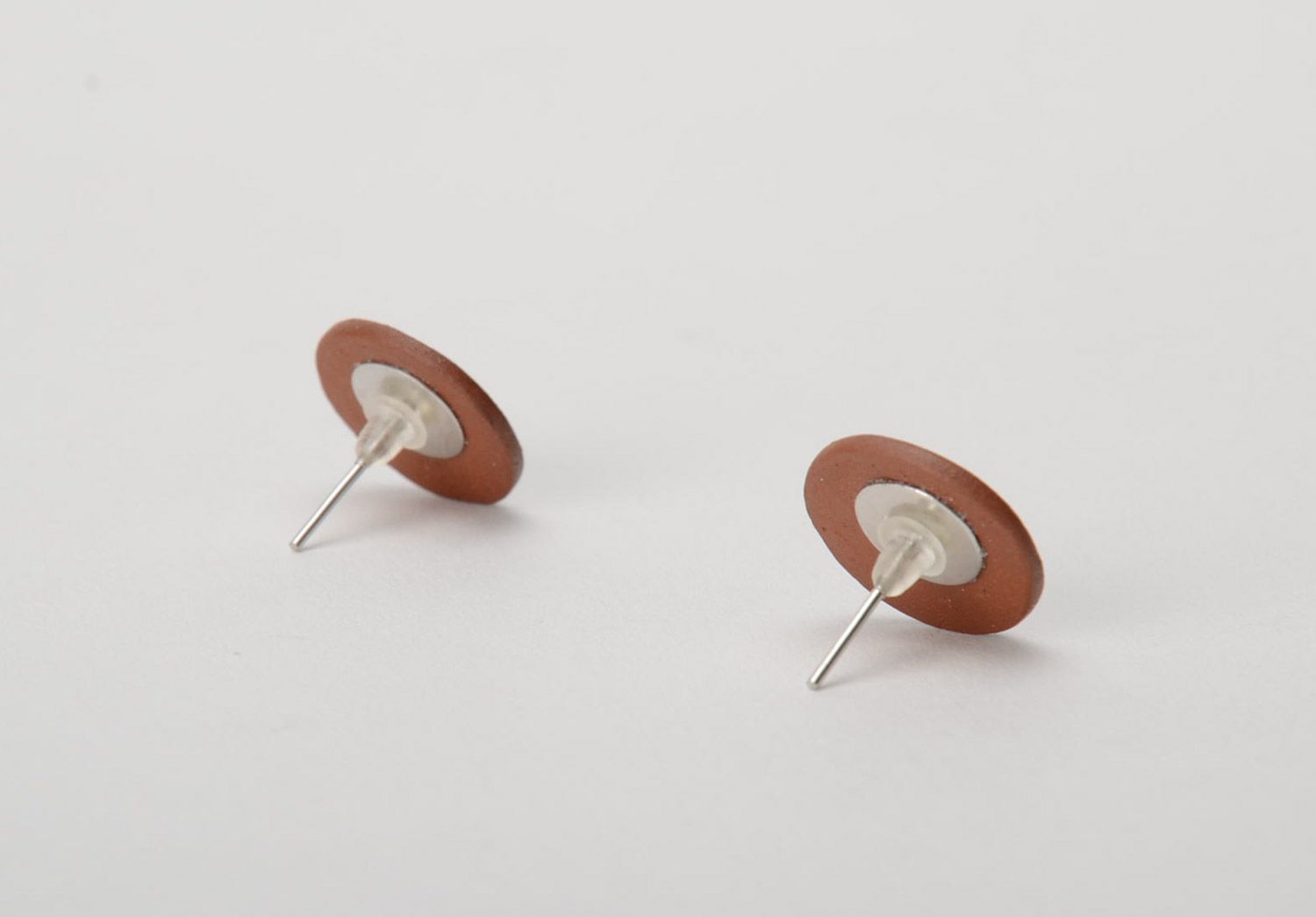 Handmade small ceramic round stud earrings with color enamel Pandas photo 5