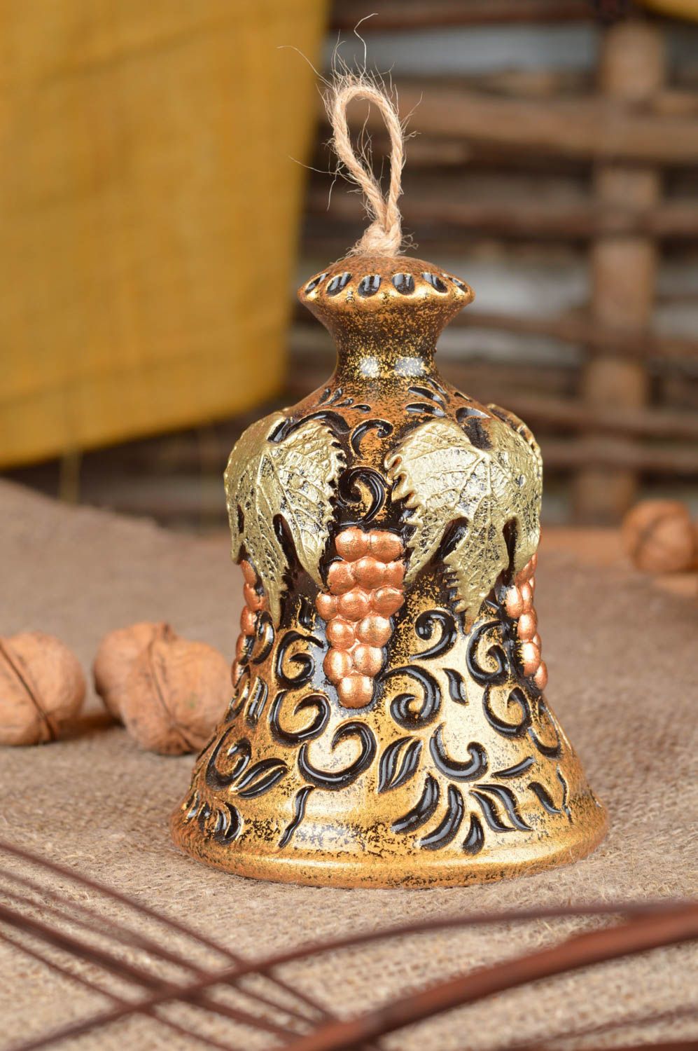 Unusual handmade large ceramic bell for home decor Gold Bunch of Grapes photo 1