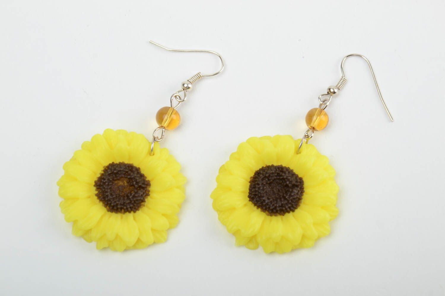 Handmade floral yellow and black polymer clay dangling earrings Sunflowers photo 3