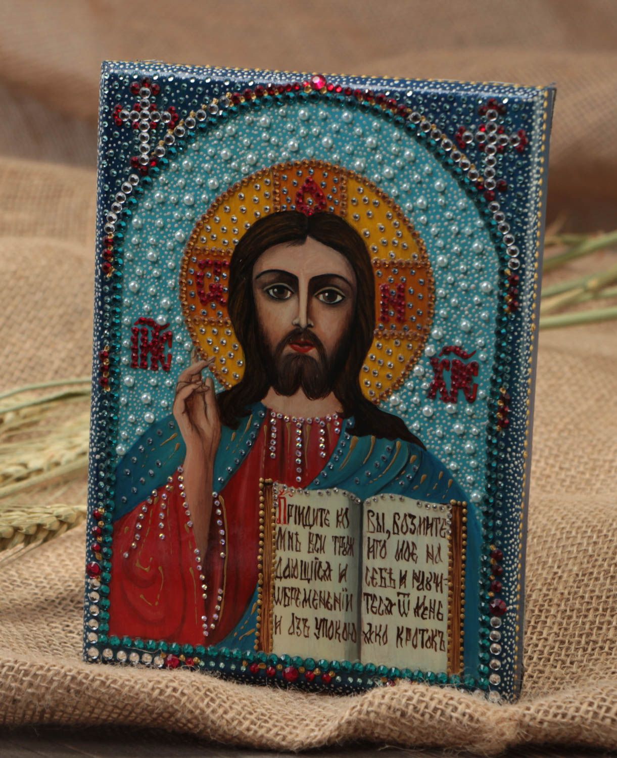 Handmade beautiful icon painted with gouache on wooden basis with rhinestones photo 1