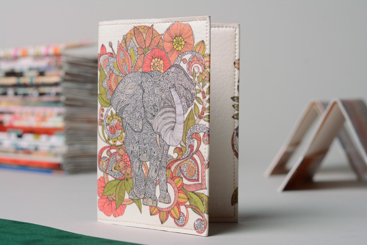 Homemade leather passport cover with Indian elephant print photo 1