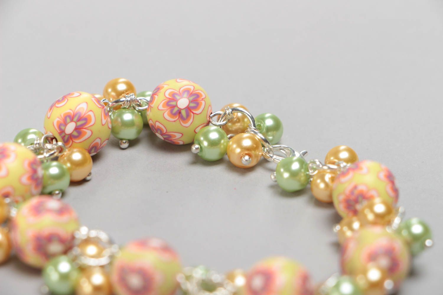 Children's handmade yellow polymer clay bracelet with ceramic pearls photo 4
