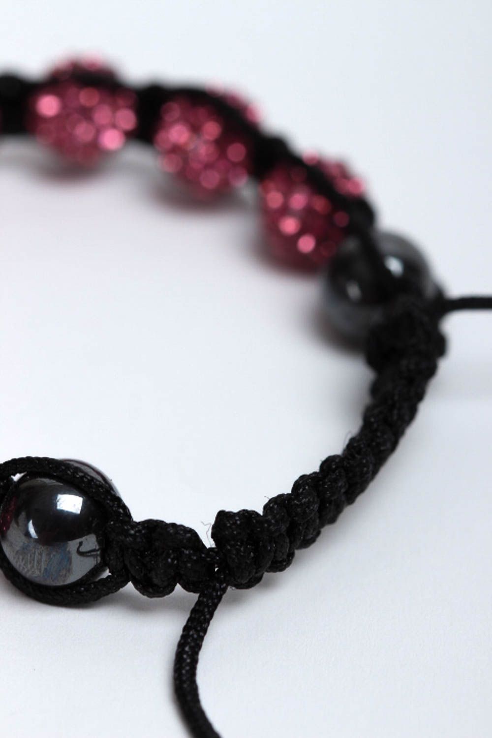 Strand pink and black beads bracelet on the black cord for women photo 4