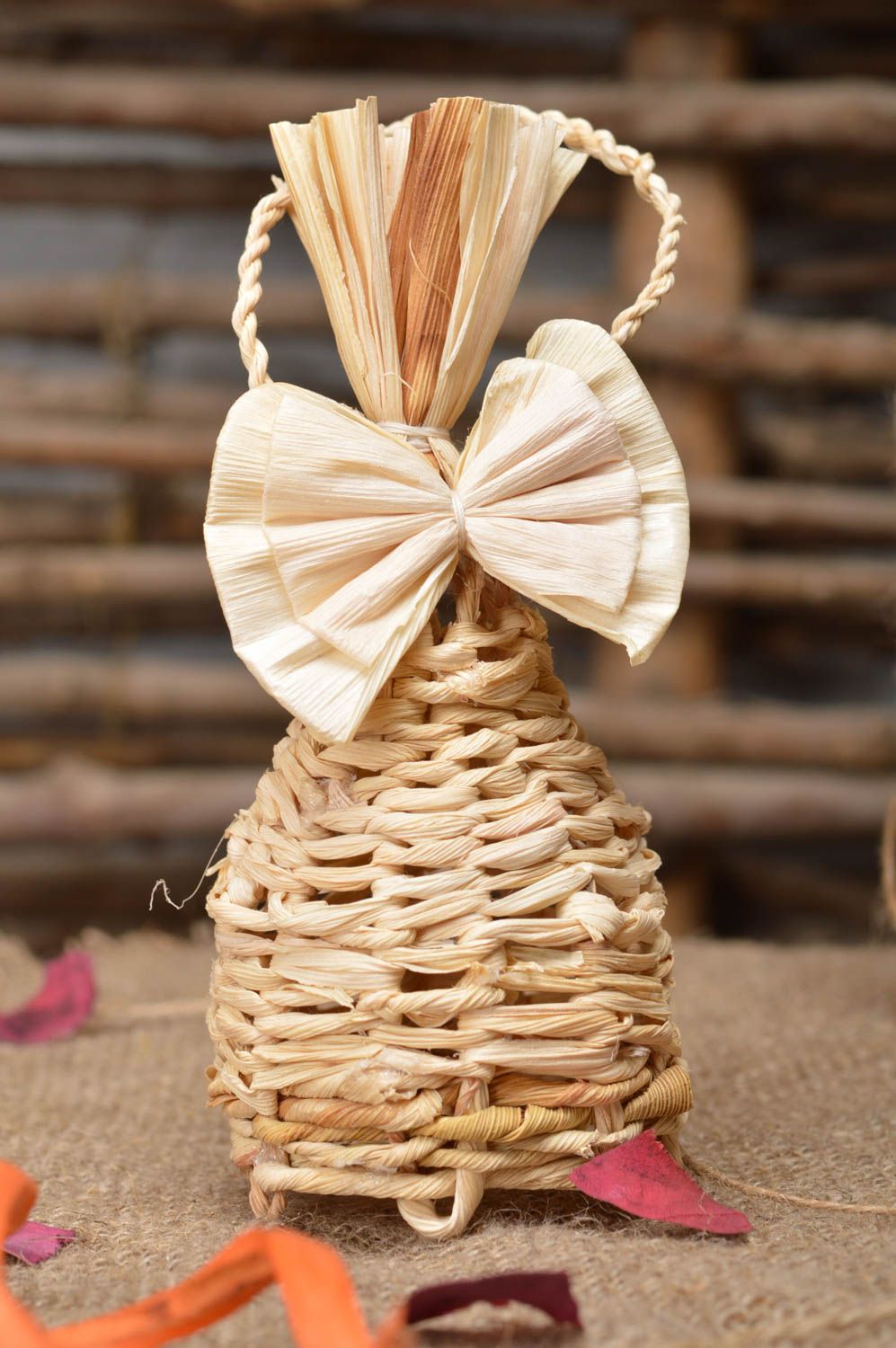 Designer bell with bow made of corn leaves woven manually for home decor  photo 1