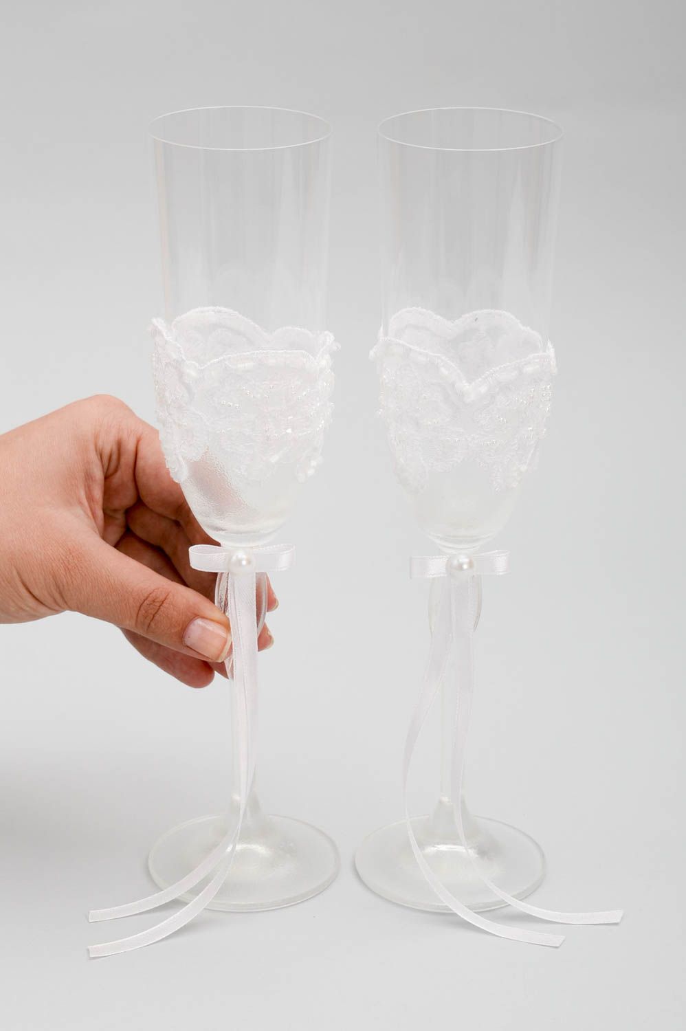 Свадебные бокалы ручной работы свадебные фужеры красивые бокалы с кружевом фото 5