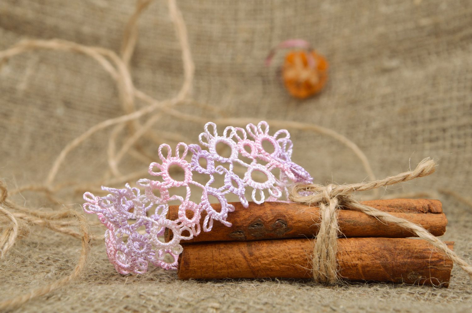 Handmade woven wide tatting wrist bracelet of light lilac color photo 1