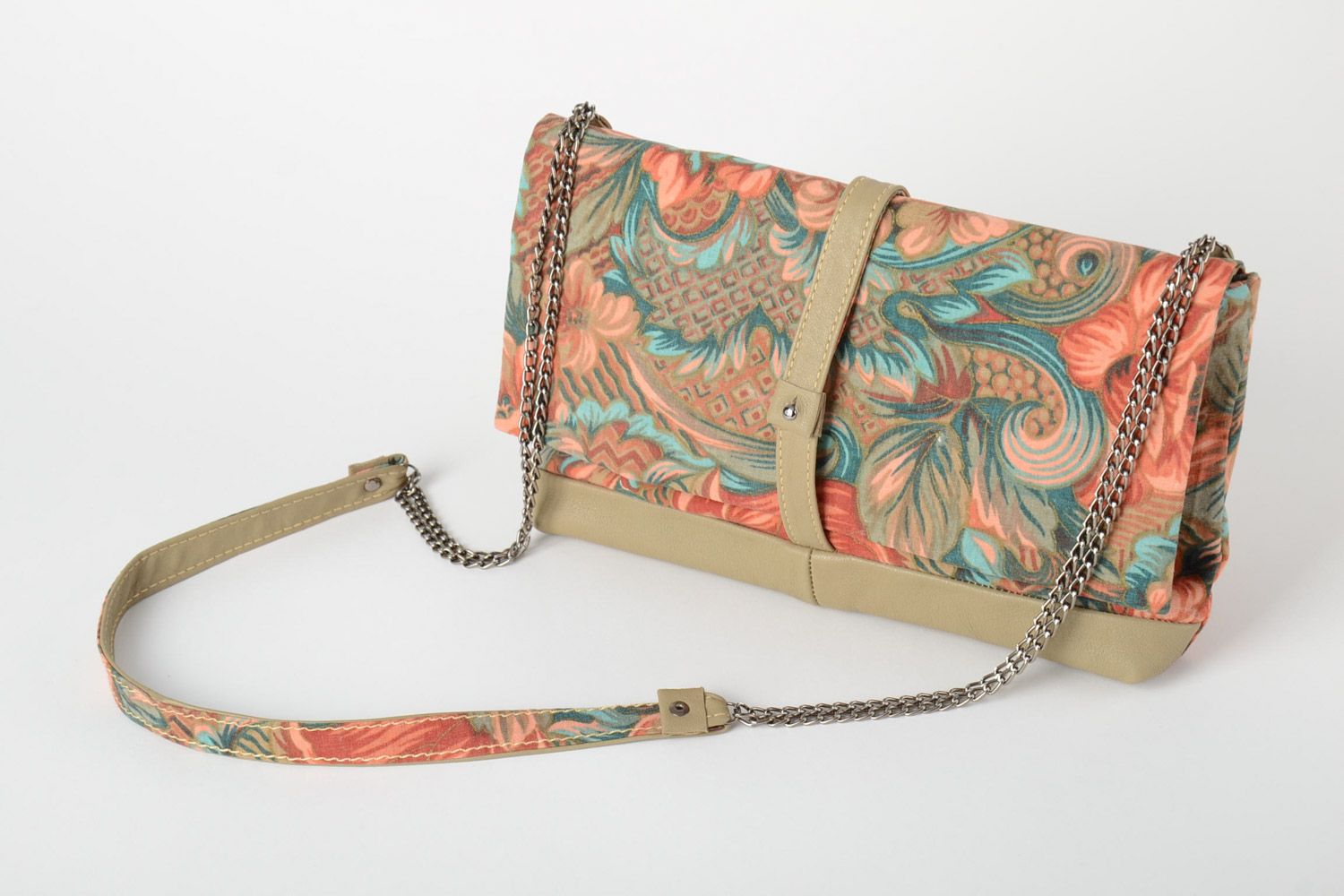 Handmade clutch bag sewn of colorful motley fabric on long chain with magnet lock photo 5
