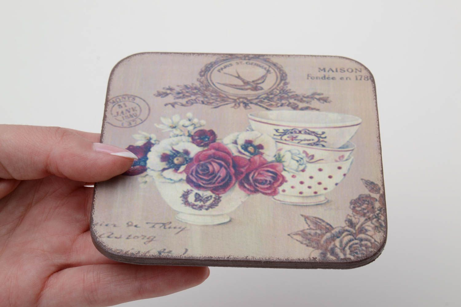 Beautiful homemade decoupage plywood coaster for hot cup or glass photo 5