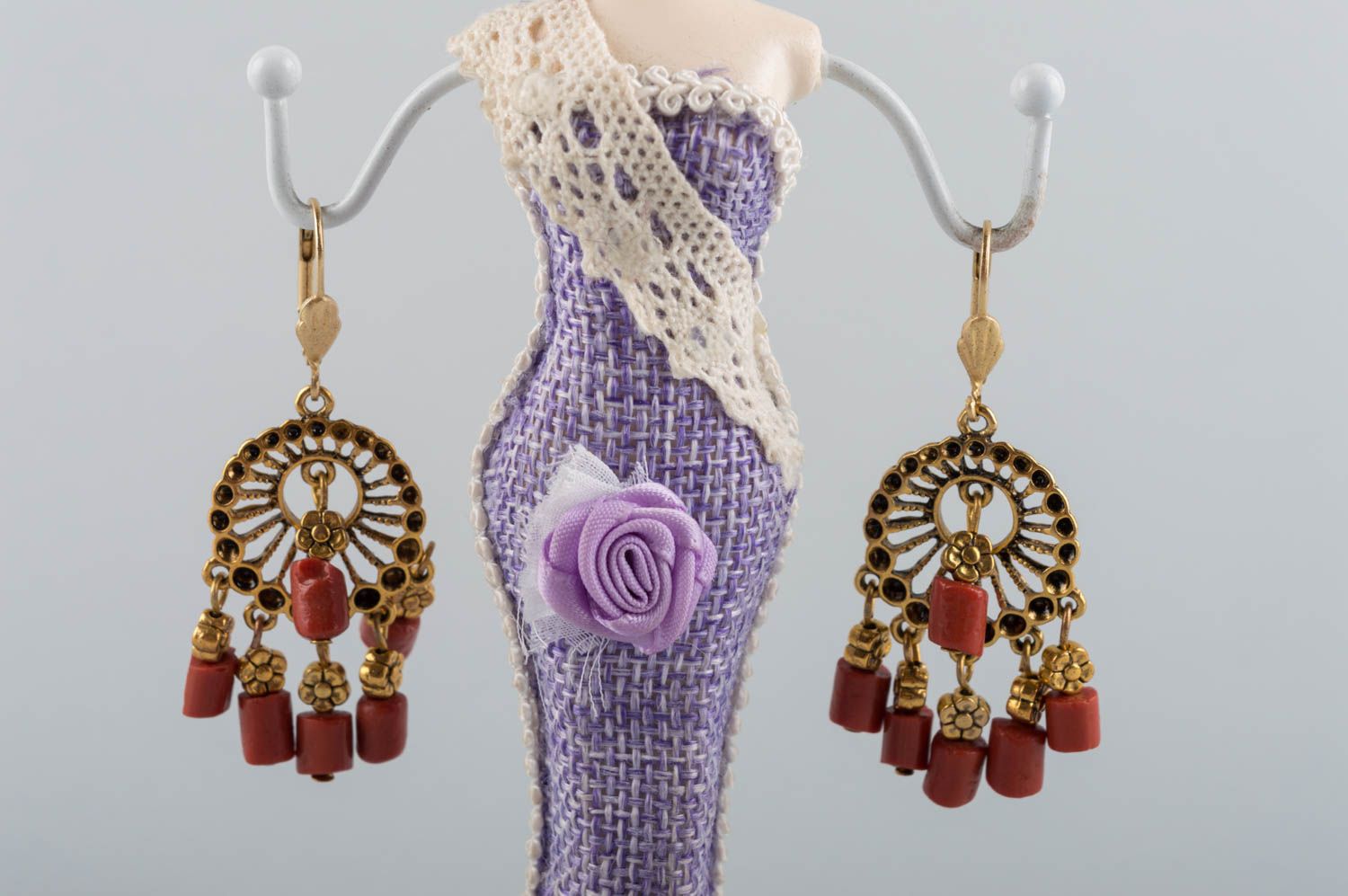Beautiful handmade round dangle earrings with coral beads designer jewelry photo 1
