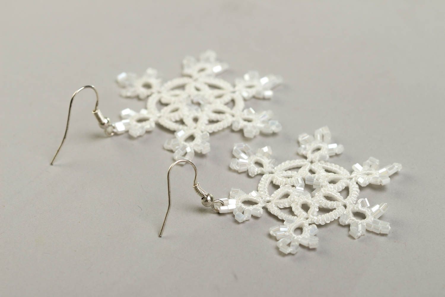 White handmade tatting earrings woven textile earrings beautiful jewellery photo 4