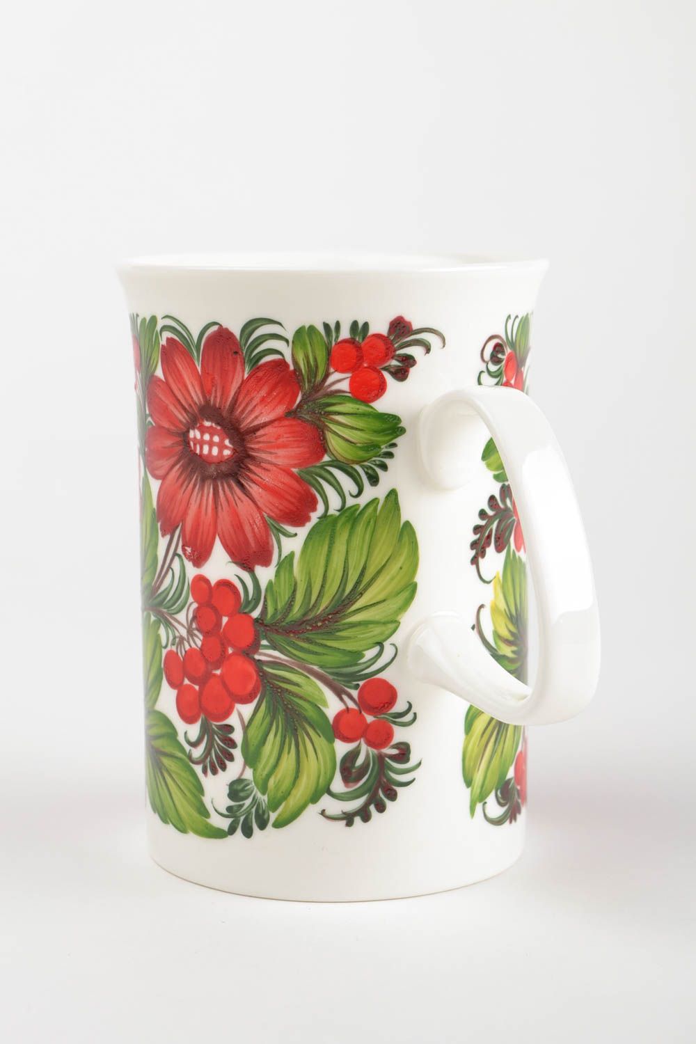 Large 10 oz ceramic porcelain cup with handle and red flowers design photo 4