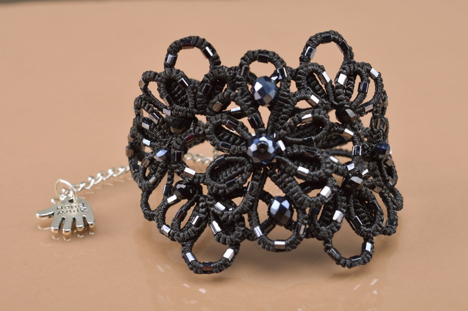 Wide black lacy ankars tatting bracelet woven of satin threads handmade photo 4