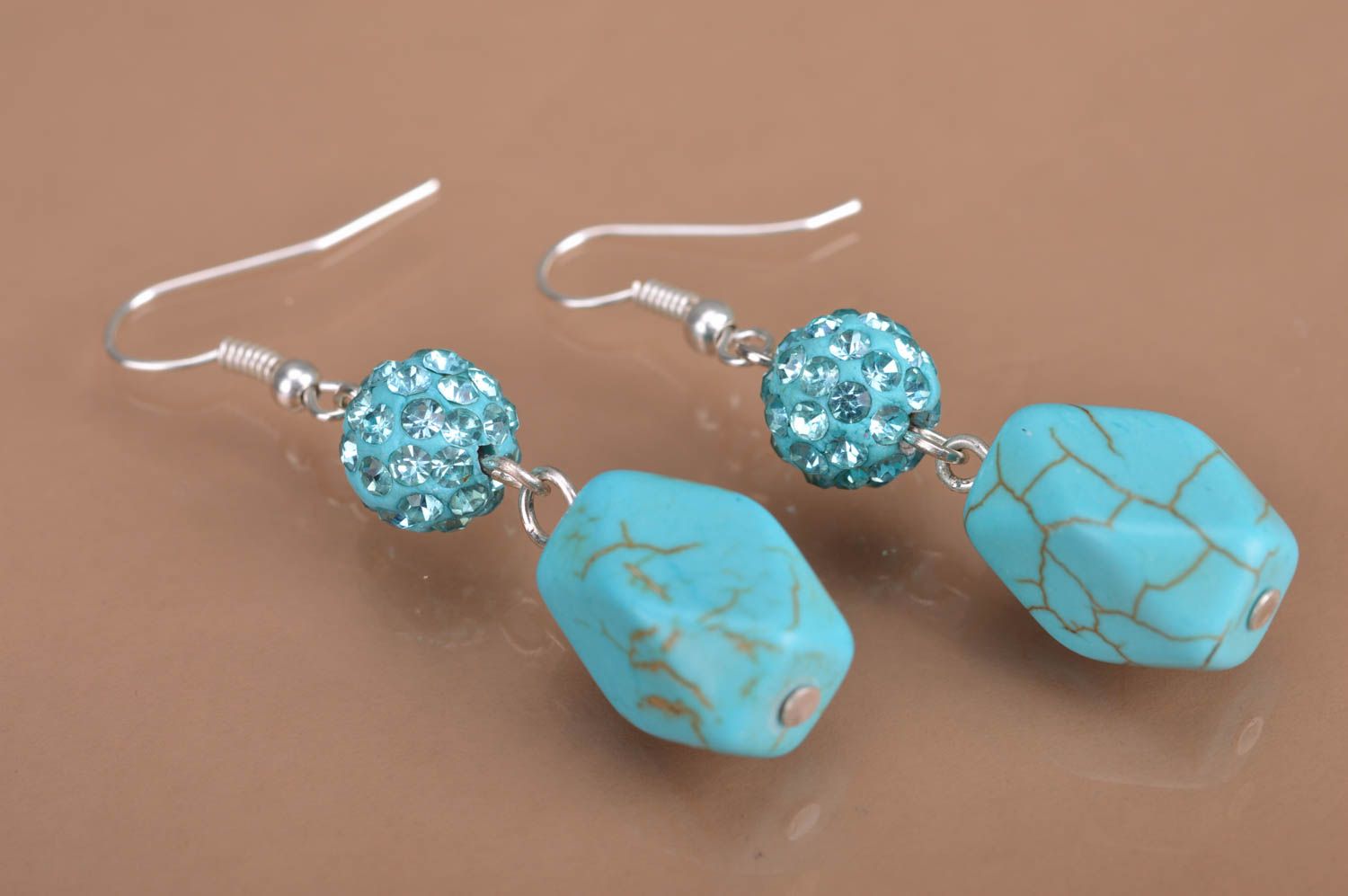 Handmade long beaded earrings styled on turquoise with rhinestones blue designer photo 2