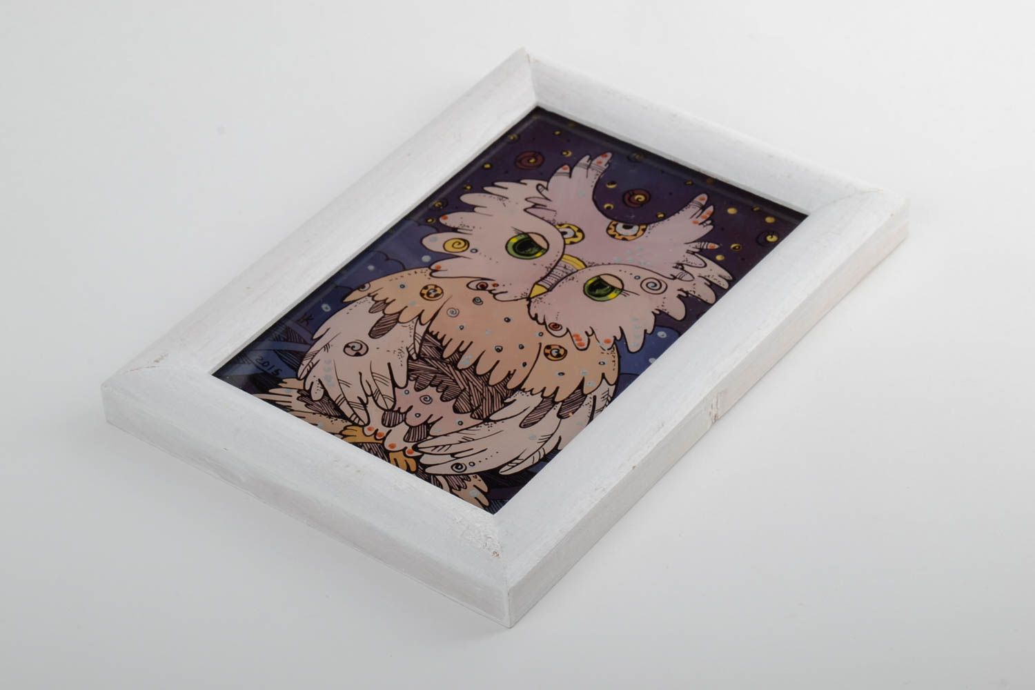 Beautiful homemade oil painting in white wooden frame for home decor Owl photo 2