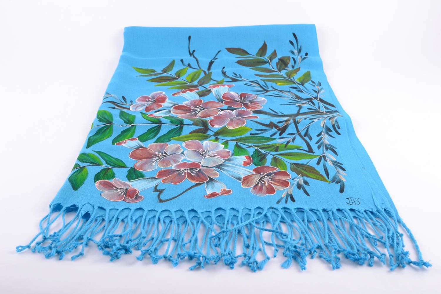 Теплый шарф из кашемира с росписью голубой фото 2
