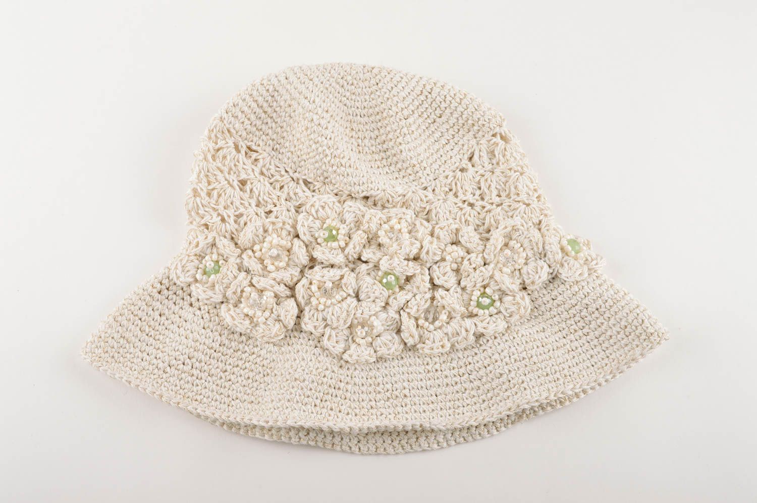 Handmade gehäkelter Hut Kopfbedeckung Damen Hut für Frauen hell schön für Sommer foto 5