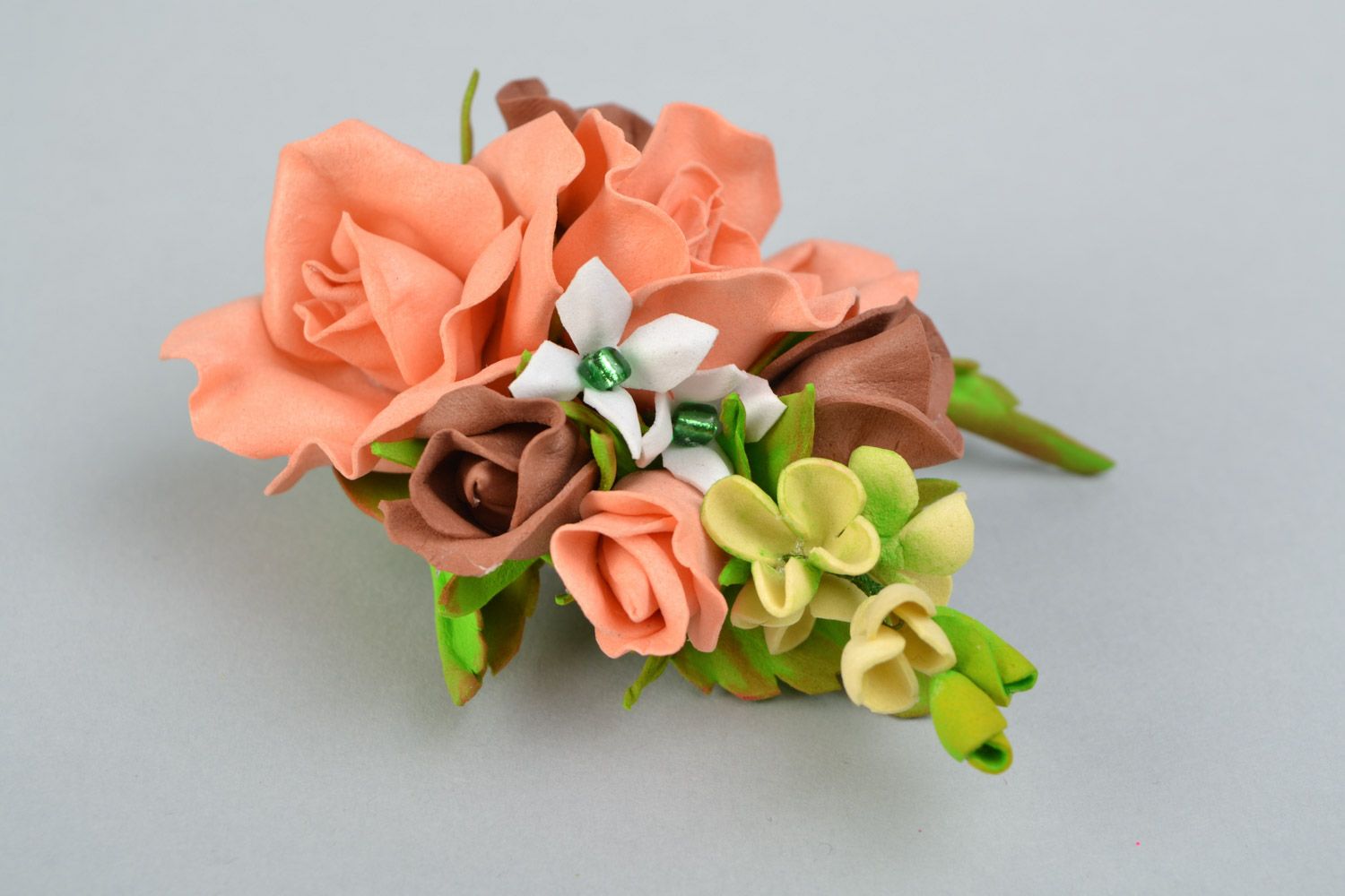 Handmade flower wedding boutonniere hair clip brooch with coral foamiran roses photo 3
