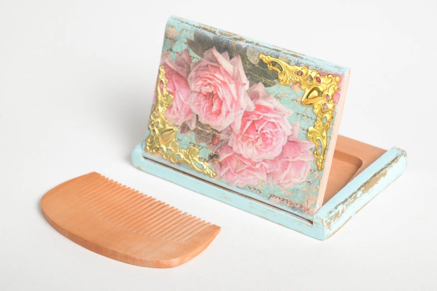 Set of handmade women accessories wooden hair comb hand mirror with decoupage photo 3