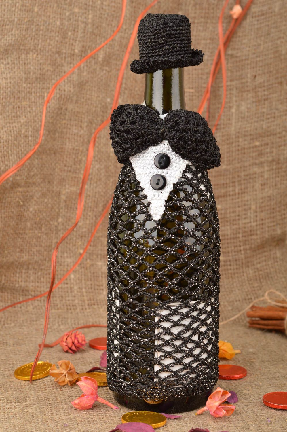 Handmade designer decorative bottle cozy crocheted black acrylic jacket and hat photo 1