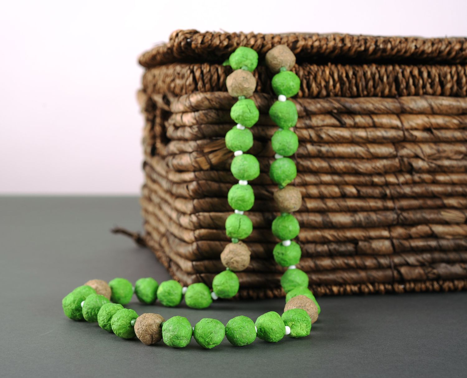 Green Beaded Necklace Made of Paper photo 3