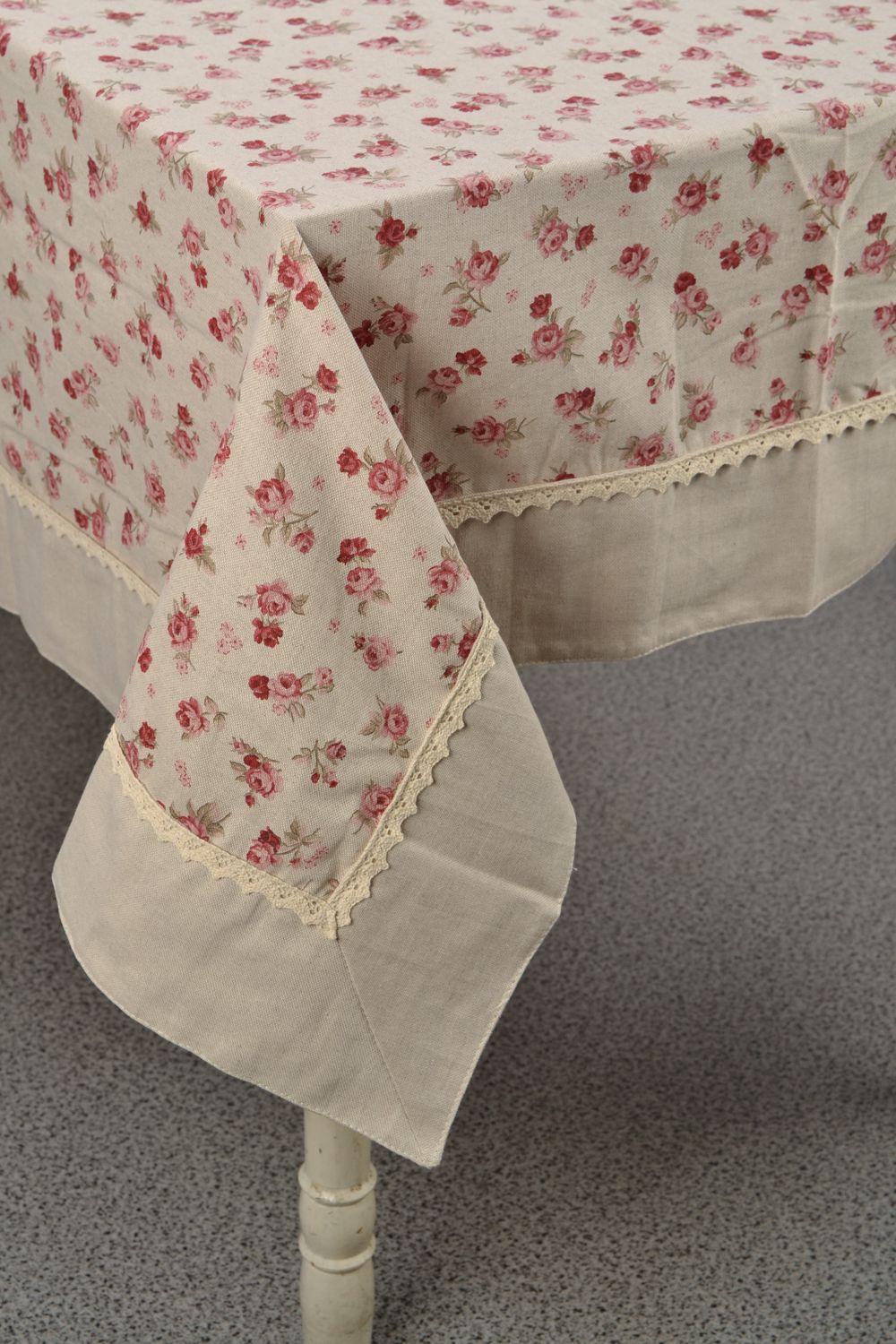 Handmade tablecloth sewn of cotton and polyamide fabric with lace photo 1