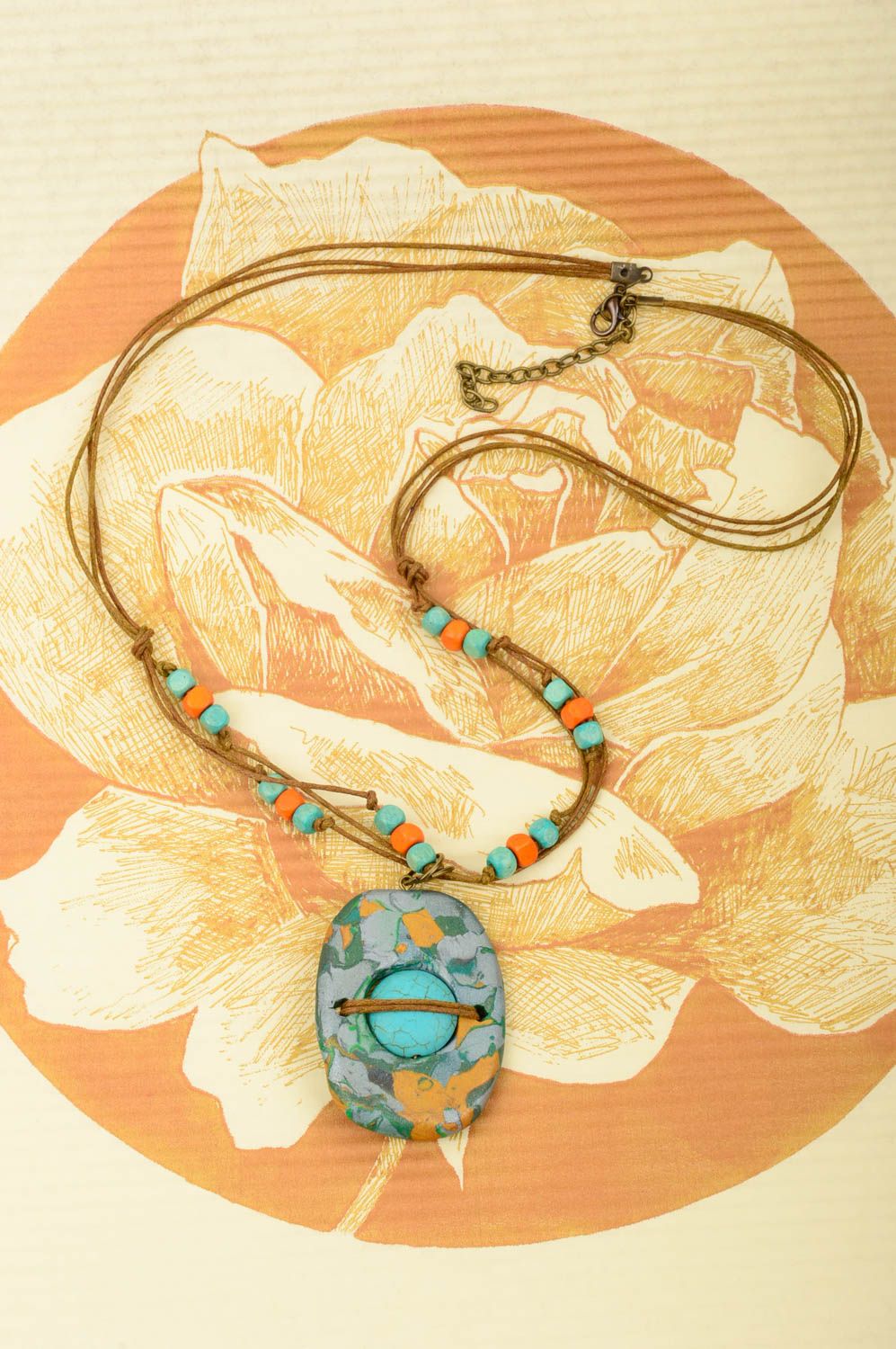 Handmade female necklace unusual stylish jewelry polymer clay pendant photo 1