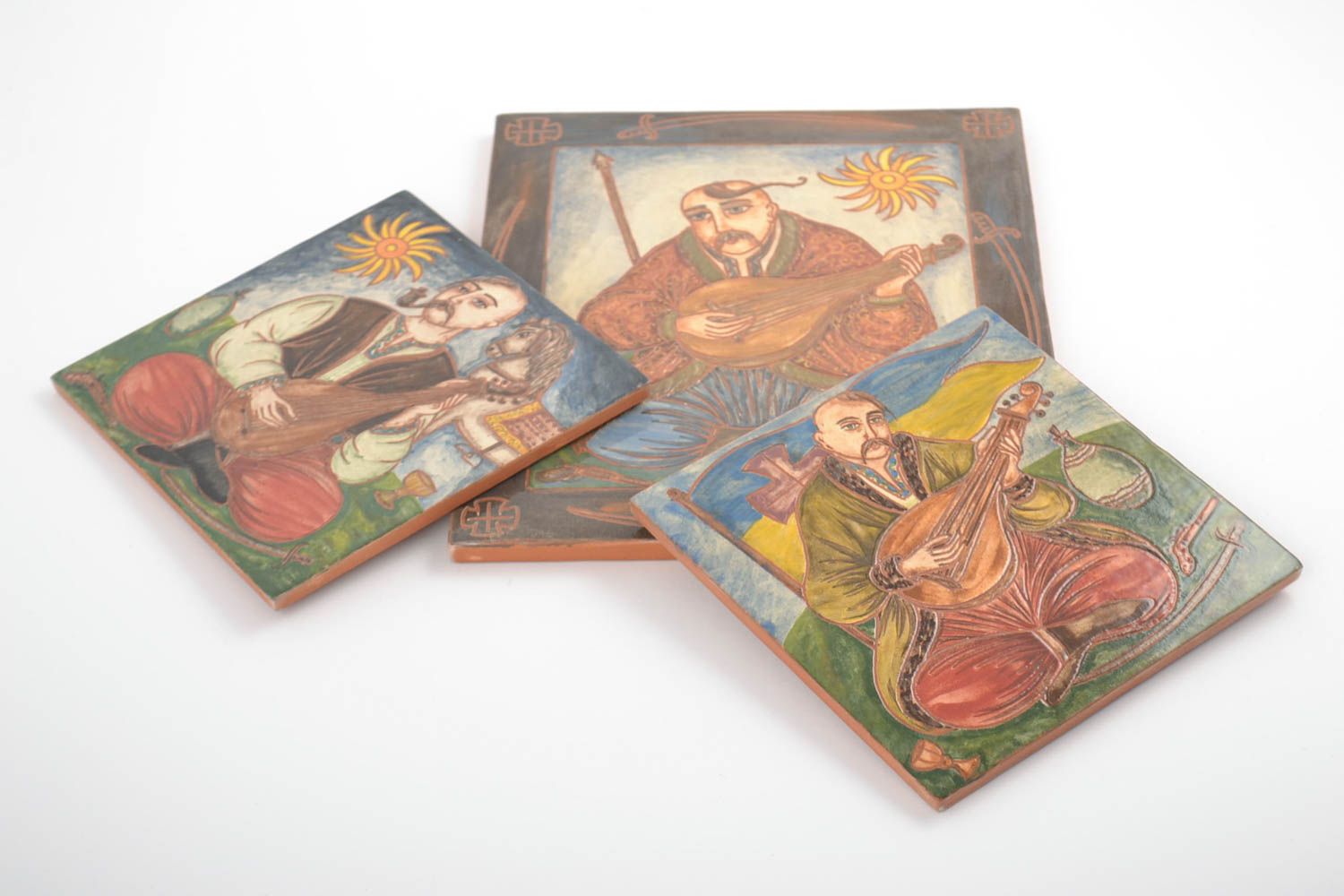 Set of 3 handmade ceramic facing tiles painted with engobes Bandura Players photo 3