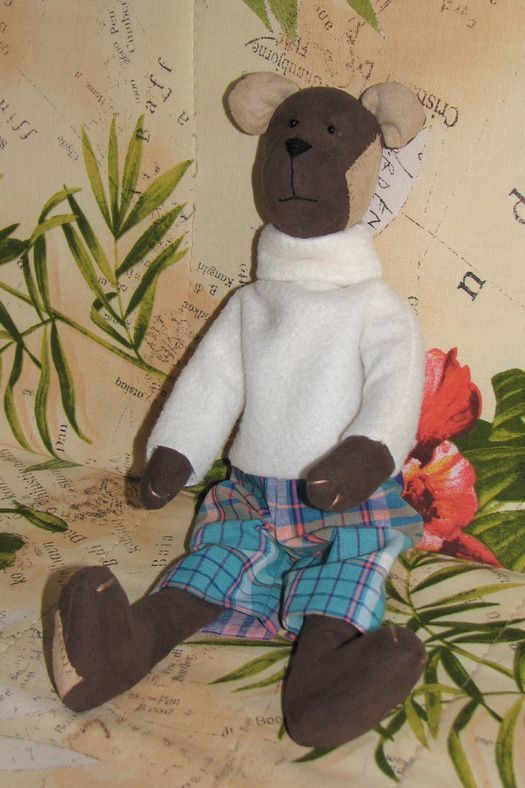 Handmade soft toy sewn of synthetic suede Bear in sweater and shorts for kids photo 2