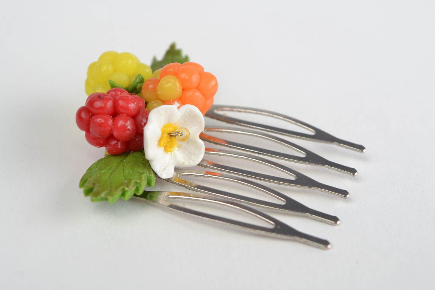 Handmade small decorative hair comb with polymer clay berries and flowers photo 4