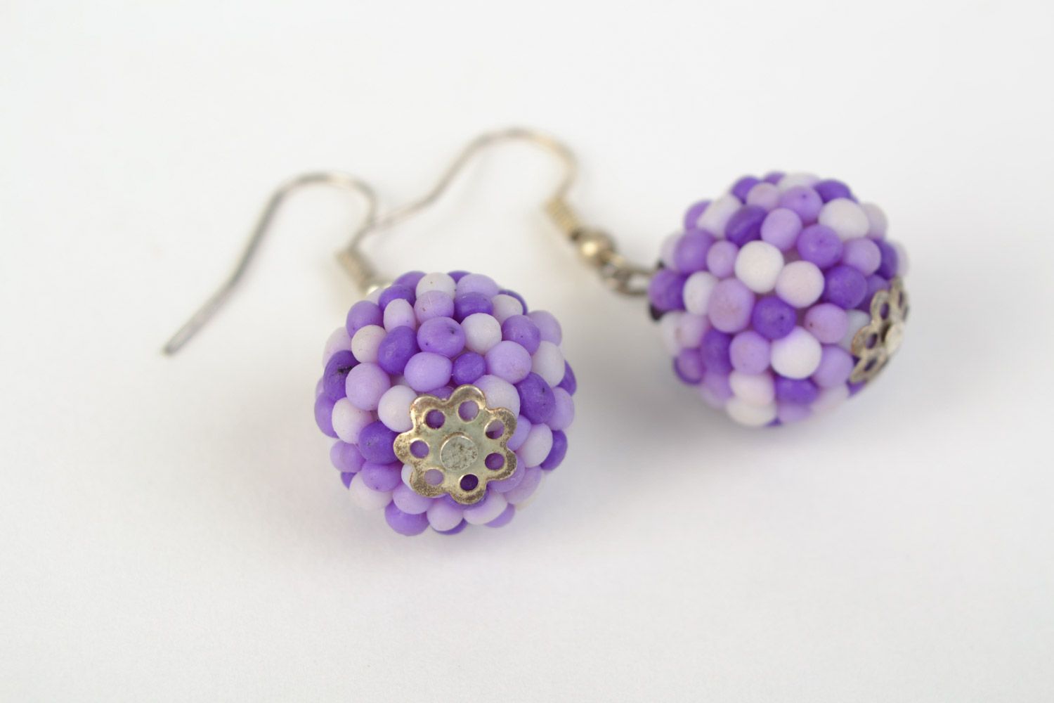 Handmade polymer clay dangling earrings with small balls of lilac color photo 4