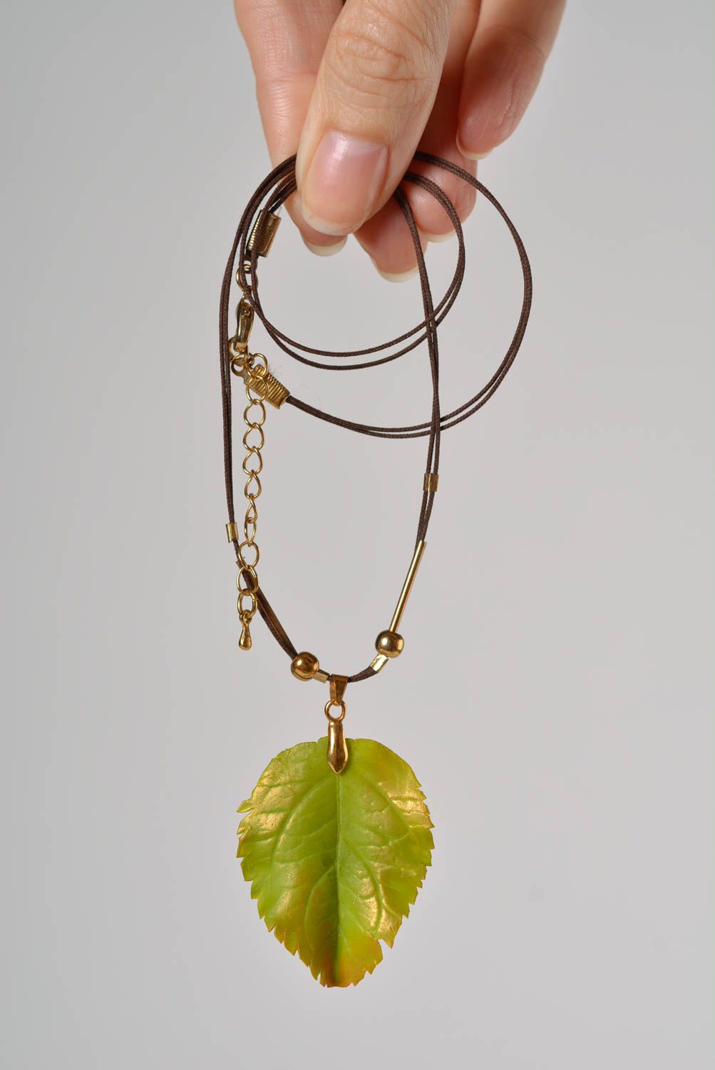 Beautiful handmade polymer clay pendant designer jewelry for women Green Leaf photo 3