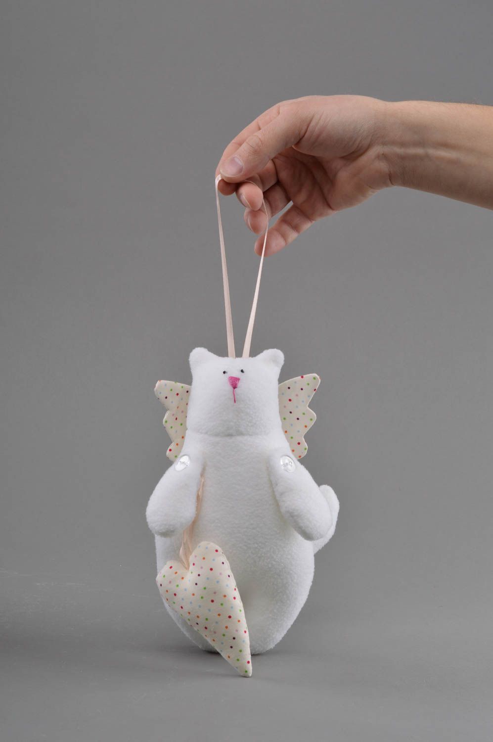 Fleece toy in the form of white cat with wings and heart cute handmade present  photo 4