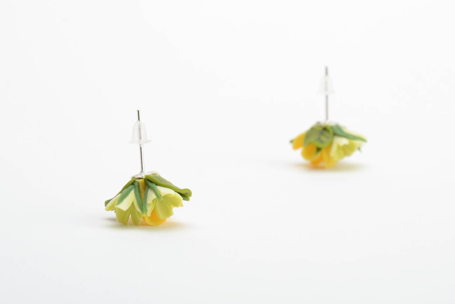 Handmade designer small stud earrings with tiny yellow polymer clay flowers  photo 5